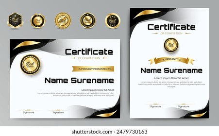 Certificado negro y oro de apreciación de la Plantilla fronteriza con insignia de lujo y línea y Formas modernas. Para premios, negocios y necesidades educativas. Diploma de Plantilla de Vector