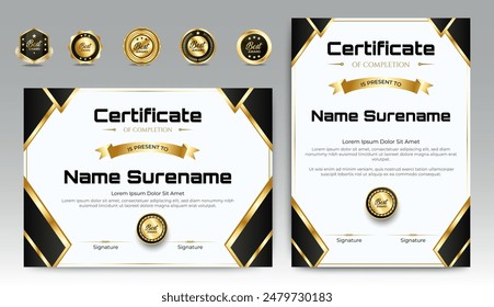 Black and gold certificate of appreciation border template with luxury badge and modern line and shapes. For award, business, and education needs. Diploma vector template
