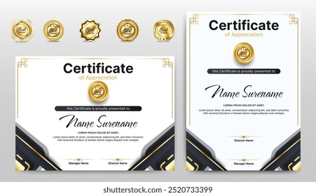 Black and gold certificate of appreciation border template with luxury badge and modern line and shapes. For award, business, and education needs. Diploma vector template