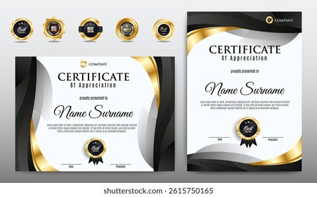 Black and gold certificate of appreciation border template with luxury badge and modern line and shapes. For award, business, and education needs. Diploma vector template
