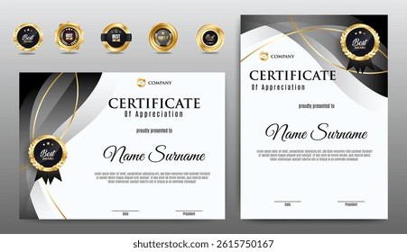 Black and gold certificate of appreciation border template with luxury badge and modern line and shapes. For award, business, and education needs. Diploma vector template
