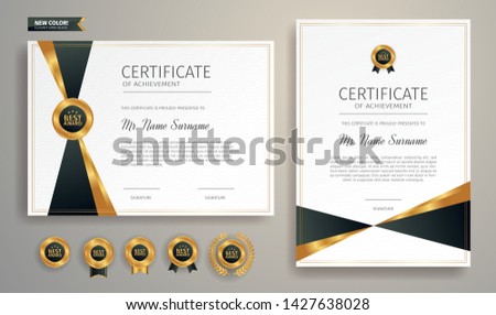 Black and gold certificate of appreciation border template with luxury badge and modern line pattern