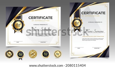 Black and gold certificate of appreciation border template with luxury badge and modern line and shapes. For award, business, and education needs. Diploma vector template