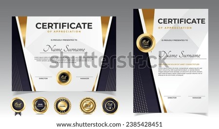 Black and gold certificate of appreciation border template with luxury badge and modern line and shapes. For award, business, and education needs. Diploma vector template