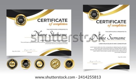 Black and gold certificate of appreciation border template with luxury badge and modern line and shapes. For award, business, and education needs. Diploma vector template