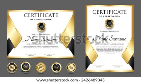 Black and gold certificate of appreciation border template with luxury badge and modern line and shapes. For award, business, and education needs. Diploma vector template