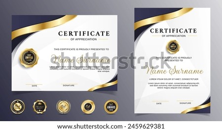 Black and gold certificate of appreciation border template with luxury badge and modern line and shapes. For award, business, and education needs. Diploma vector template