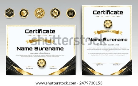Black and gold certificate of appreciation border template with luxury badge and modern line and shapes. For award, business, and education needs. Diploma vector template