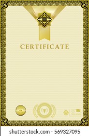 Black gold certificate. Ornamental blank. Gold ribbon and black ornamental emblem