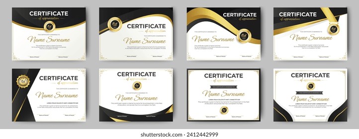 Black and Gold certificates template design. eight horizontal diploma certificates. vector