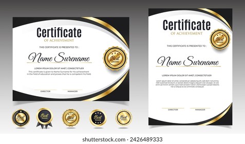 Diseño de plantilla de certificados negros y dorados. certificados de diploma verticales, horizontales. vector