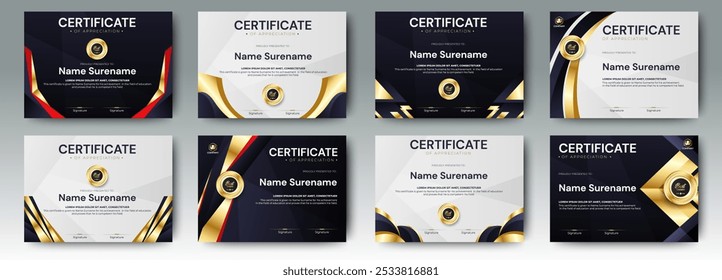 Black and Gold certificates template design. eight horizontal diploma certificates. vector