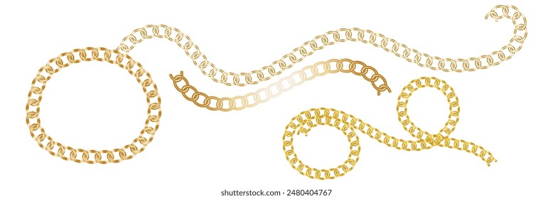 Black  gold chain link circle logo icon symbol. Seamless metal chainlink sign ornament ring shape border. Round Ring connect frame pattern. Vector illustration image. Isolated on white background.