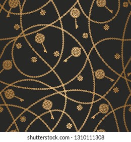 Black and gold chains vector seamless pattern with keys, wallpaper. Elegant classic texture. Luxury ornament. Traditional,Turkish, Indian motifs. Great for fabric and textile, wallpaper, packaging.