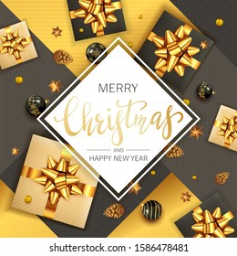 Black and gold Christmas background and card with holiday lettering. Balls, pine cones, gifts with golden bow, stars. Illustration can be used for Christmas design, posters, cards, websites, headers.