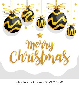 Black and gold christmas ball hanging with merry christmas word on white background