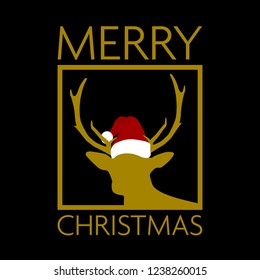 black and gold christmas card with reindeer silhouette wearing santa hat vector illustration