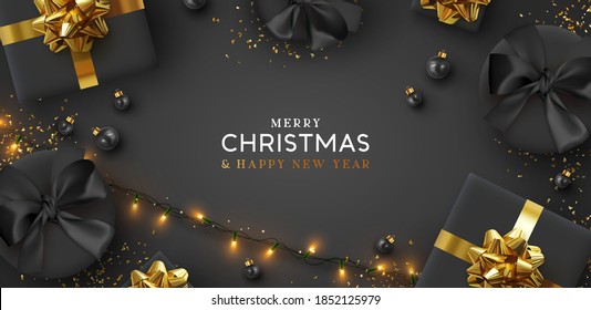 Black and gold Christmas. Happy New Year. Background Xmas design of realistic gifts box, 3d bauble ball, glitter gold confetti. Christmas poster, greeting card. Flat lay, top view. Holiday composition