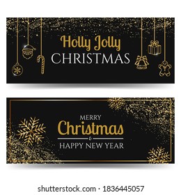 Black and gold Christmas and New Year theme banner set decorated with glitter. Elegant vector illustration