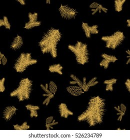 Black and gold Christmas pattern.Xmas design branches and christmas elements. Vector branches. Stock vector.