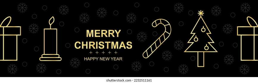 Black Gold Christmas Seamless Pattern with Christmas tree, Christmas balls, gifts, gingerbread, candle and ornaments.