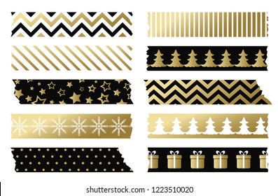 Black And Gold Christmas Washi Tapes. Vector Set Of Adhesive Tape Template