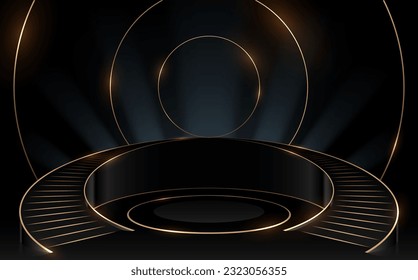 Black and gold circle stairs podium with light effect