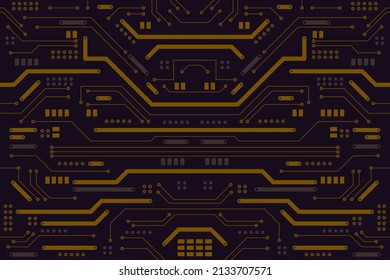 Fondo de la placa del circuito de oro negro. Formato horizontal. Borde de los circuitos de la microelectrónica dorada plana.