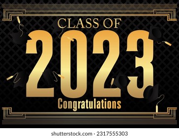 Black and gold class of 2023 Graduation design template. Vintage party invitation, congratulation event, greeting card. Vector high school or college graduate poster with retro art deco elements.