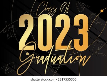 Black and gold class of 2023 Graduation design template. Vintage party invitation, congratulation event, greeting card. Vector high school or college graduate poster with retro art deco elements.