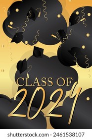 Black and gold class of 2024 Graduation design template. Vintage party invitation, congratulation event, greeting card. Vector high school or college graduate poster with retro art deco elements.