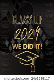 Black and gold class of 2024 Graduation design template. Vintage party invitation, congratulation event, greeting card. Vector high school or college graduate poster with retro art deco elements.