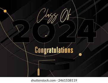 Black and gold class of 2024 Graduation design template. Vintage party invitation, congratulation event, greeting card. Vector high school or college graduate poster with retro art deco elements.