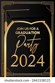Black and gold class of 2024 Graduation design template. Vintage party invitation, congratulation event, greeting card. Vector high school or college graduate poster with retro art deco elements.