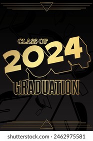 Black and gold class of 2024 Graduation design template. Vintage party invitation, congratulation event, greeting card. Vector high school or college graduate poster with retro art deco elements.