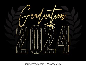 Black and gold class of 2024 Graduation design template. Vintage party invitation, congratulation event, greeting card. Vector high school or college graduate poster with retro art deco elements.