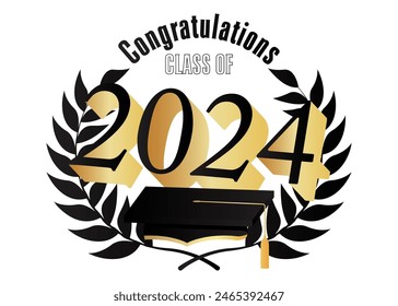 Black and gold class of 2024 Graduation design template on white. Vintage party invitation, congratulation event, greeting card. Vector high school or college graduate poster.