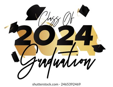 Black and gold class of 2024 Graduation design template on white. Vintage party invitation, congratulation event, greeting card. Vector high school or college graduate poster.