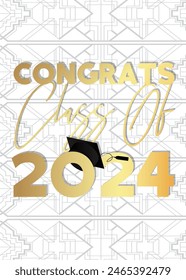 Black and gold class of 2024 Graduation design template on white. Vintage party invitation, congratulation event, greeting card. Vector high school or college graduate poster.