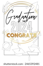 Black and gold class of 2024 Graduation design template on white. Vintage party invitation, congratulation event, greeting card. Vector high school or college graduate poster.