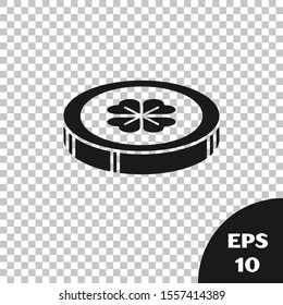 Black Gold coin with four leaf clover icon isolated on transparent background. Happy Saint Patricks day.  Vector Illustration