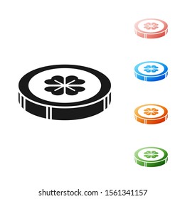 Black Gold coin with four leaf clover icon isolated on white background. Happy Saint Patricks day. Set icons colorful. Vector Illustration