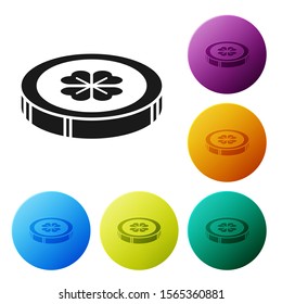 Black Gold coin with four leaf clover icon isolated on white background. Happy Saint Patricks day. Set icons colorful circle buttons. Vector Illustration