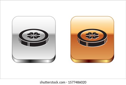 Black Gold coin with four leaf clover icon isolated on white background. Happy Saint Patricks day. Silver-gold square button. Vector Illustration