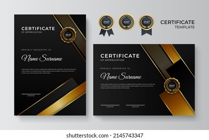 Black Gold color Certificate Award Design Template. Clean modern certificate with gold badge. Certificate border template with luxury modern line pattern. Diploma Certificate vector template set