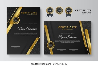 Black Gold color Certificate Award Design Template. Clean modern certificate with gold badge. Certificate border template with luxury modern line pattern. Diploma Certificate vector template set