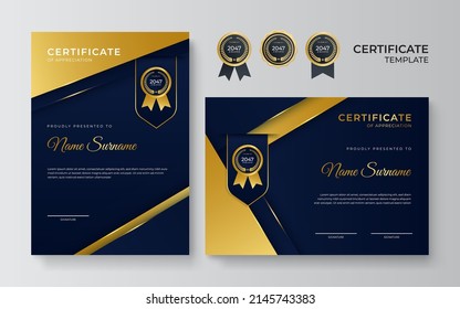 Black gold color certificate award design template. Clean modern certificate with gold badge. Certificate border template with luxury modern line pattern. Diploma Certificate vector template set