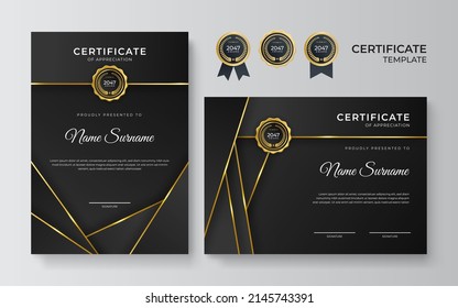 Black gold color certificate award design template. Clean modern certificate with gold badge. Certificate border template with luxury modern line pattern. Diploma Certificate vector template set