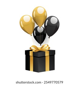 Black and gold color gift box and balloons vector design, black friday offer design vector