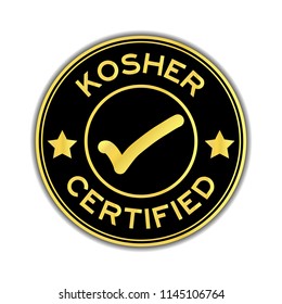 Black and gold color kosher certified word round seal sticker on white background